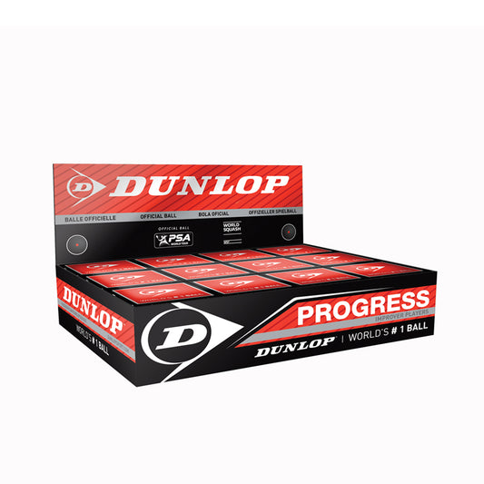 Dunlop Progress (12-Ball) Squash Box - Red dot